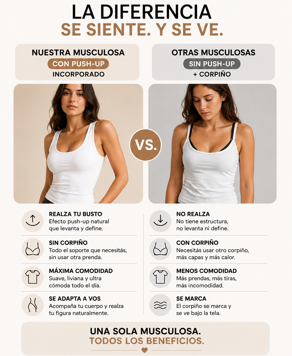 Comparación: remera Véra con push up incorporado vs. remera común con corpiño