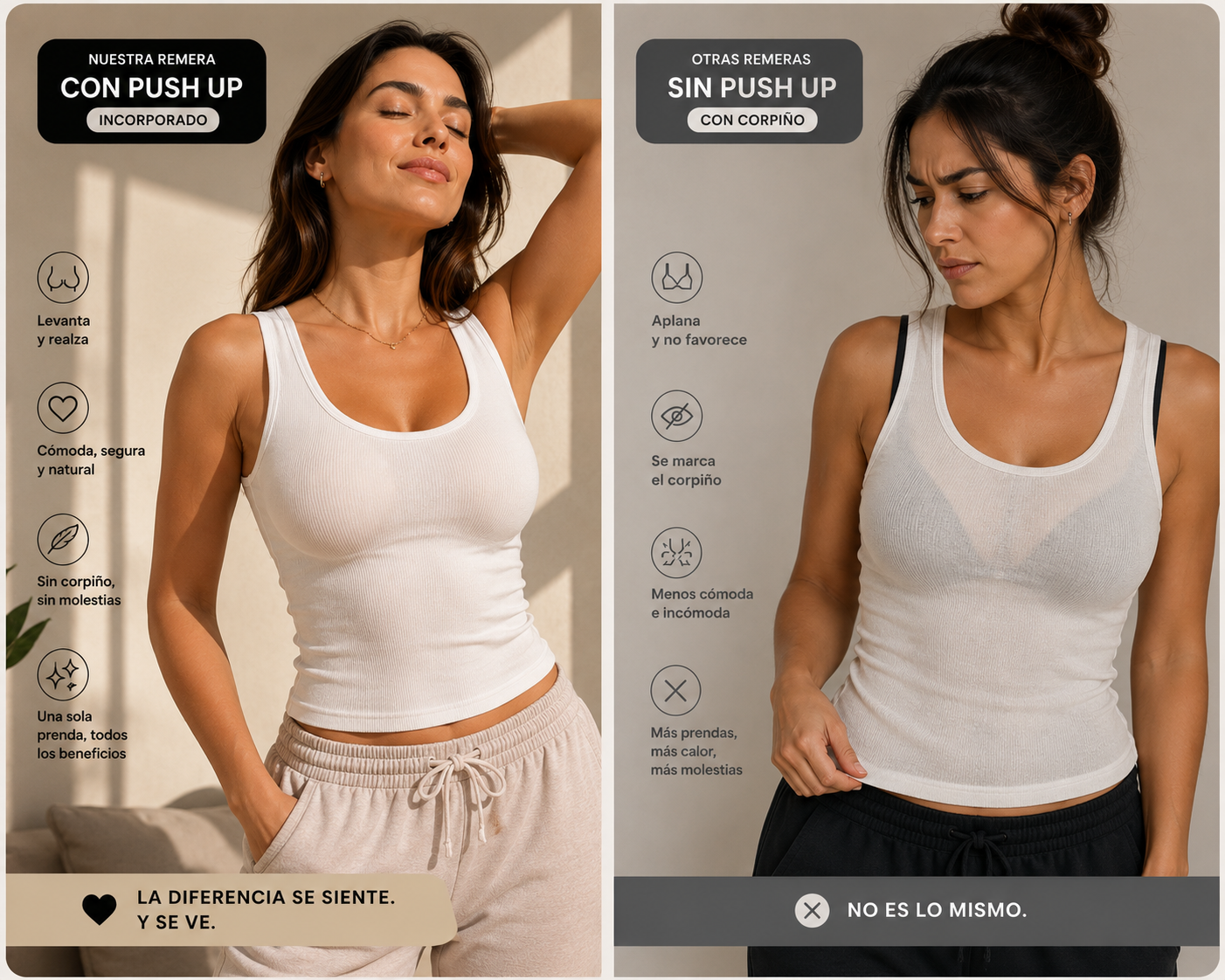Comparación: remera Véra con push up incorporado vs. remera común con corpiño